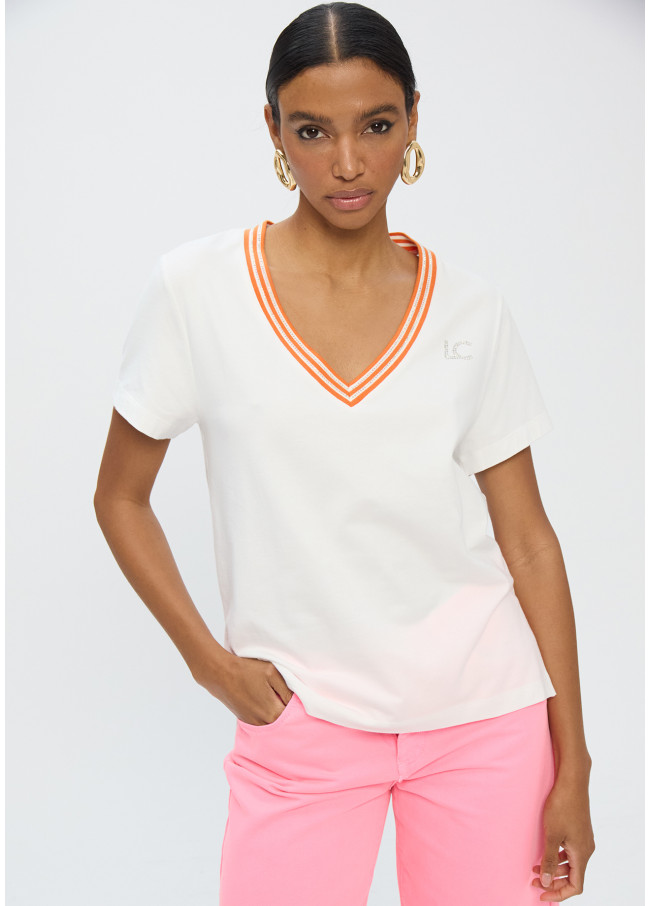 T-shirt Col V avec Ruban