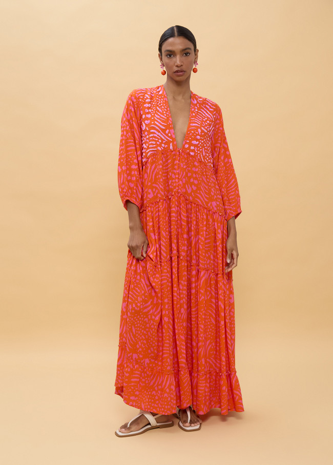 Langes Kleid mit Langarm und Muster