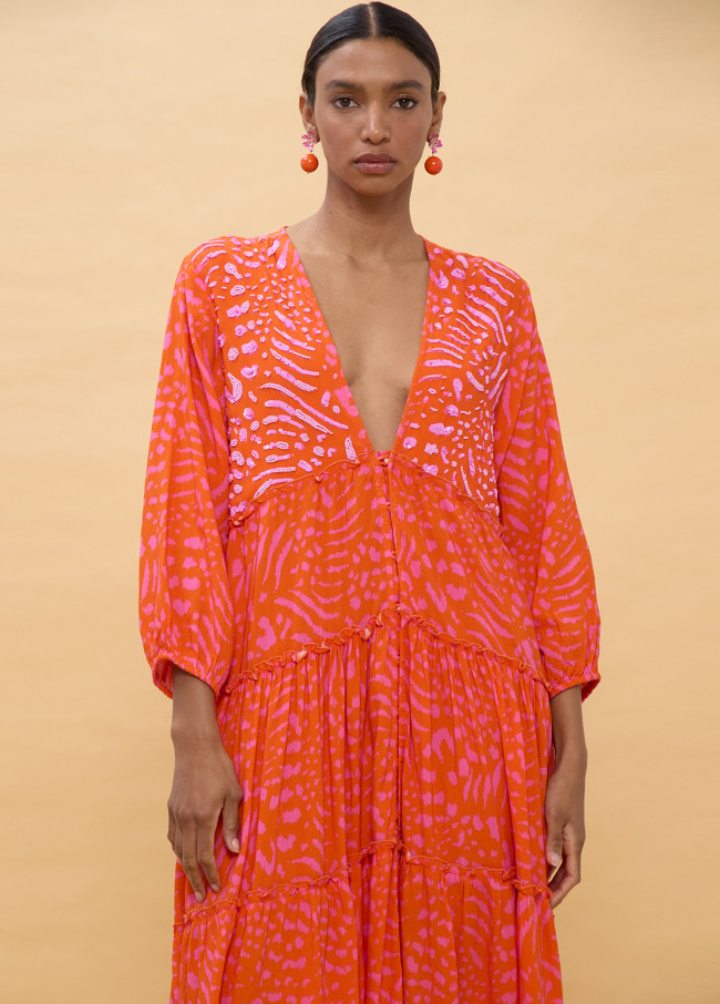 Robe Longue Imprimée à Manches Longues