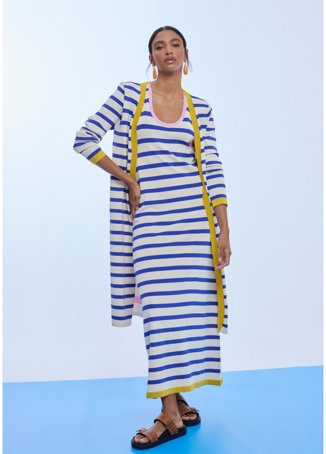 Robe Tricot Rayée Tricolore avec Rib Contrasté