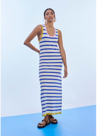 Tricolor Striped Knit Dress with Contrast Ribbing
