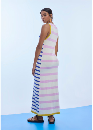 Tricolor Striped Knit Dress with Contrast Ribbing