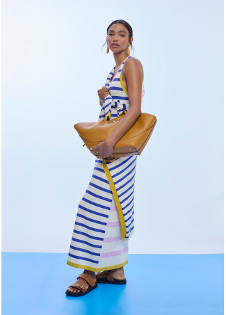 Robe Tricot Rayée Tricolore avec Rib Contrasté