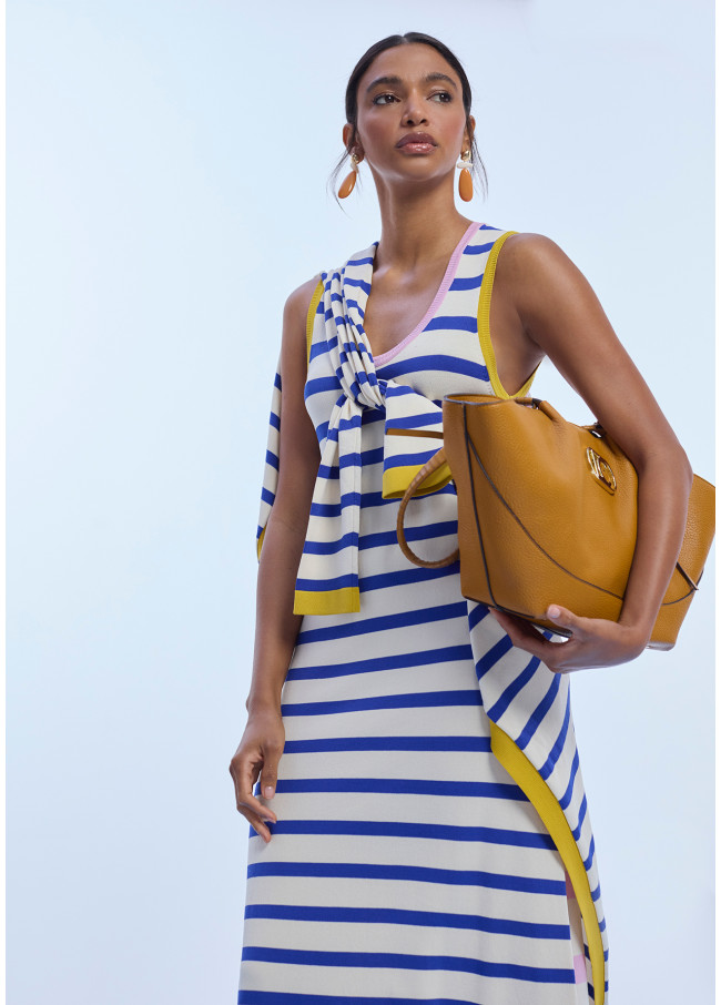 Tricolor Striped Knit Dress with Contrast Ribbing