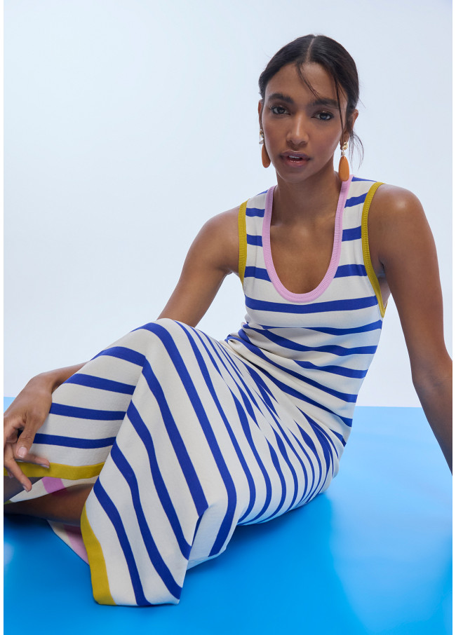 Robe Tricot Rayée Tricolore avec Rib Contrasté