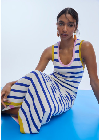 Robe Tricot Rayée Tricolore avec Rib Contrasté