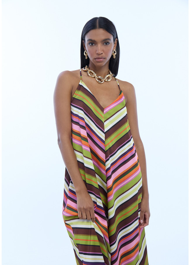 Satin Strappy Dress with Multicolor Stripes
