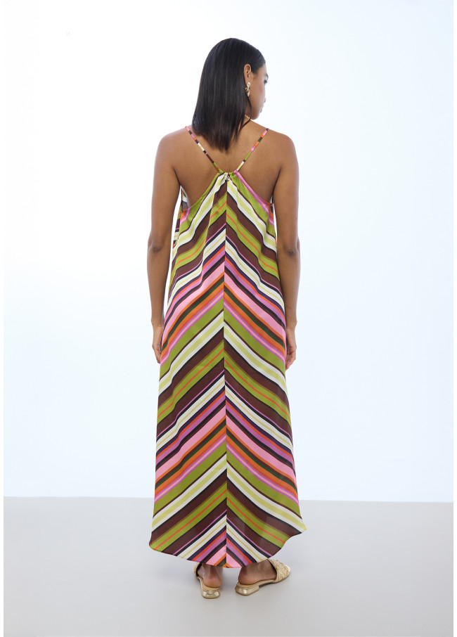 Robe Satinée à Fines Bretelles Rayures...