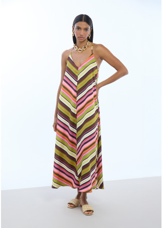 Abito in Raso con Spalline Sottili e Righe Multicolore