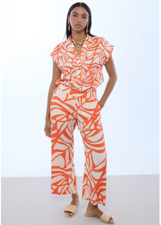 Leaf Print Polo Neck Blouse