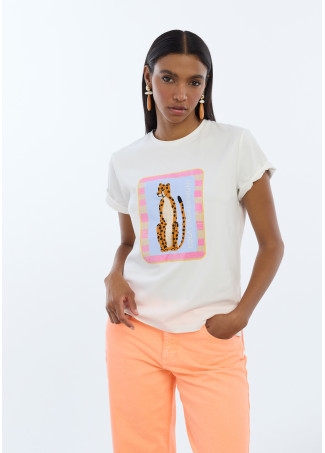 T-shirt animal brodé avec des paillettes transparentes