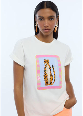 T-shirt animal brodé avec des paillettes transparentes