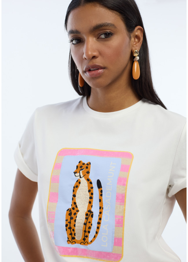 T-shirt animale ricamata con paillettes...