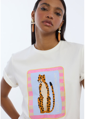 Animal Embroidered T-shirt with Transparent Sequins
