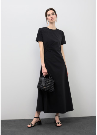 Elastic Midi Dress with Short Sleeves and Ruched Waist