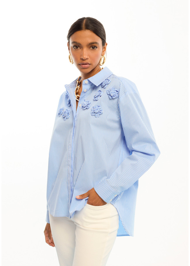 Striped Poplin Shirt with Shoulder Flowers
