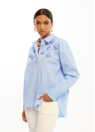 Camicia in Popeline a Righe con Fiori sulle Spalle