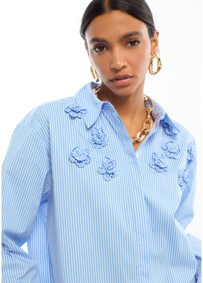 Striped Poplin Shirt with Shoulder Flowers