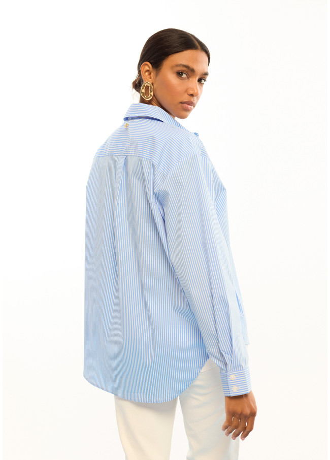 Camicia in Popeline a Righe con Fiori sulle Spalle