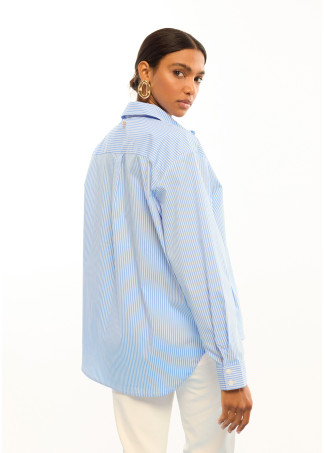 Camisa de Popeline Listrada com Flores nos Ombros