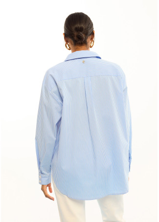 Camicia in Popeline a Righe con Fiori sulle Spalle