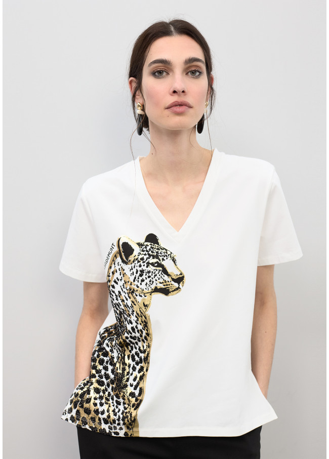 T-shirt scollo a V stampa animale con perline