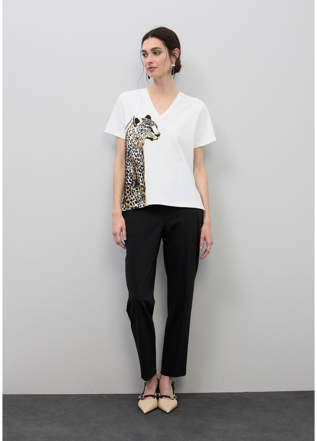 V-neck Animal Print T-shirt with Beads