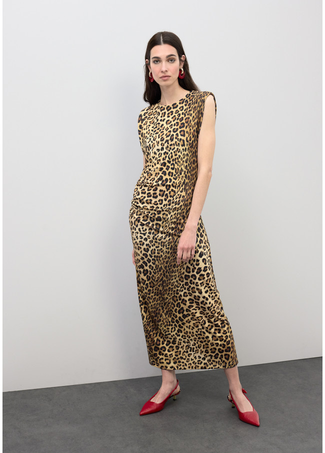 Fitted Midi Dress with Draped Animal Print