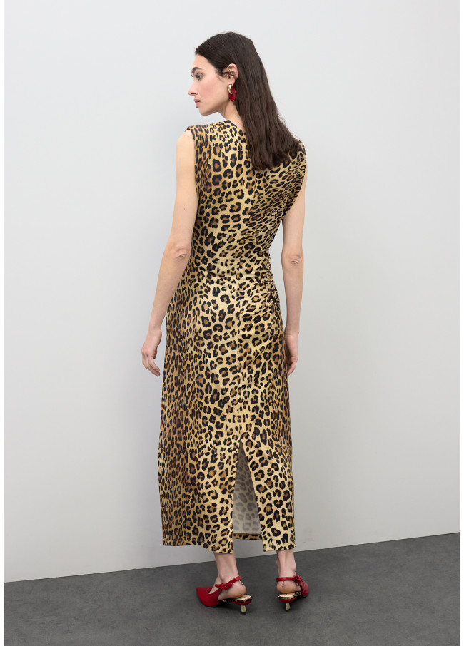 Robe Midi Ajustée avec Drapé Imprimé Animal
