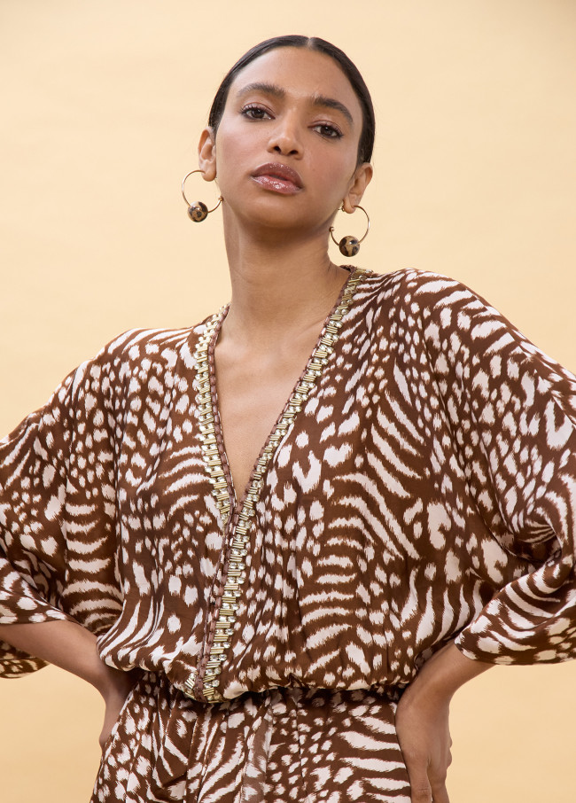 Robe longue à manches larges imprimée taches