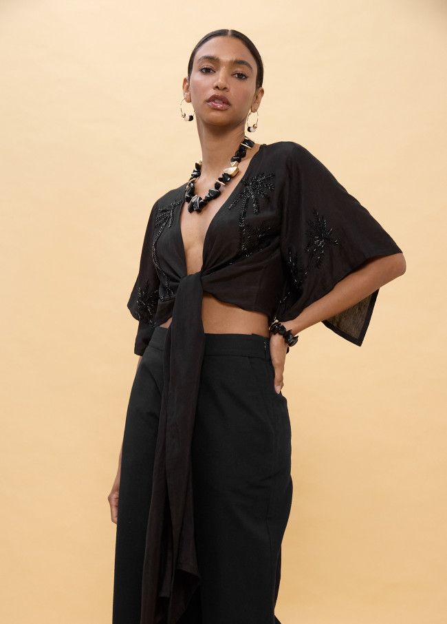 Tie-Front Blouse with Tone Details