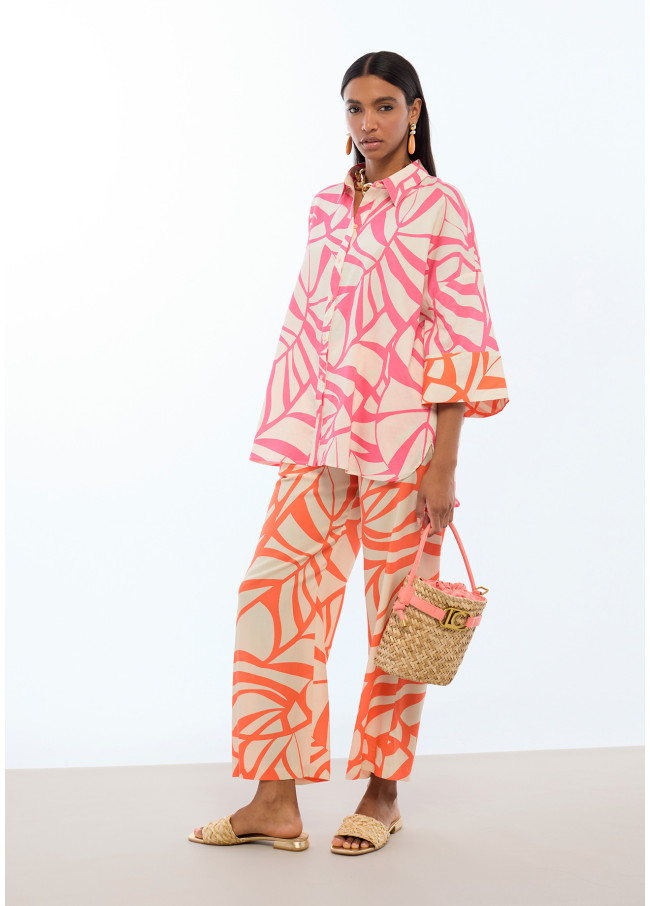 Dropped Sleeve Leaf Print Shirt