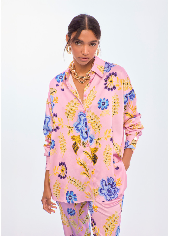 Camicia Oversize in Raso con Stampa Floreale