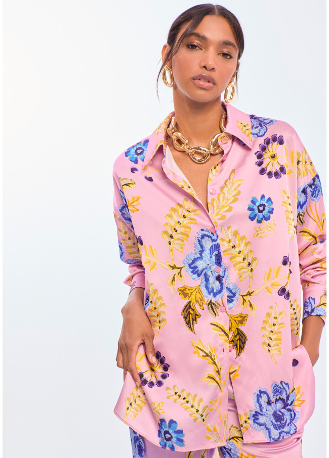 Oversized Satin Floral Print Shirt