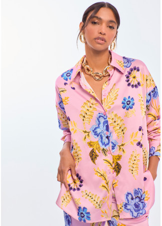 Camisa Oversized em Cetim com Estampa Floral