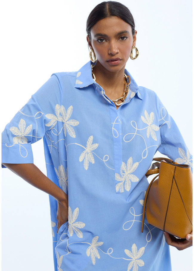 Vestido algodón camisero bordado flores