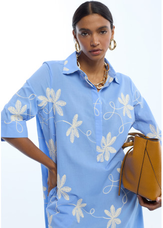 Abito Camicia in Cotone con Fiori Ricamati