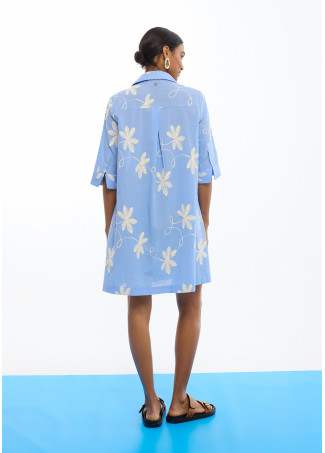 Abito Camicia in Cotone con Fiori Ricamati