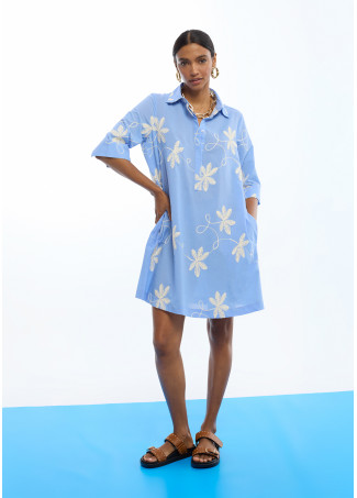Cotton Shirt Dress with Embroidered Flowers