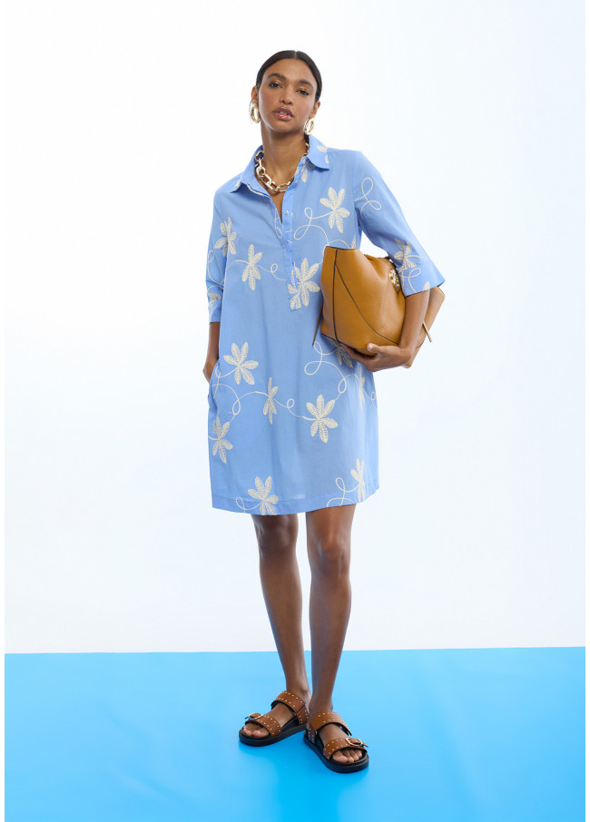 Abito Camicia in Cotone con Fiori Ricamati