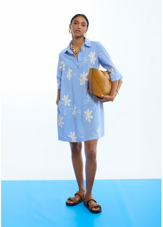 Cotton Shirt Dress with Embroidered Flowers