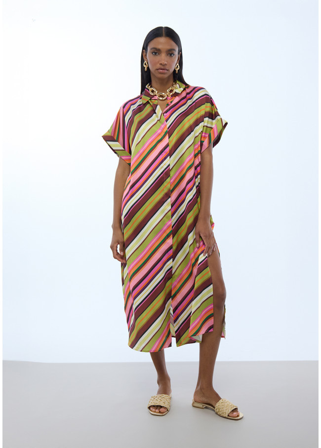 Robe Chemisier Satinée à Rayures Multicolores