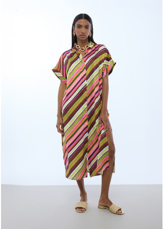 Abito Camicia Satinato a Righe Multicolori