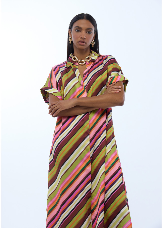 Robe Chemisier Satinée à Rayures Multicolores