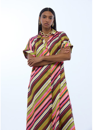 Robe Chemisier Satinée à Rayures Multicolores