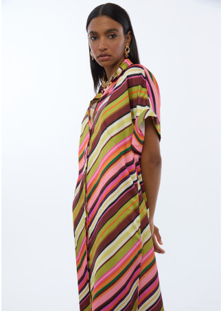Satin Shirt Dress with Multi-Stripes