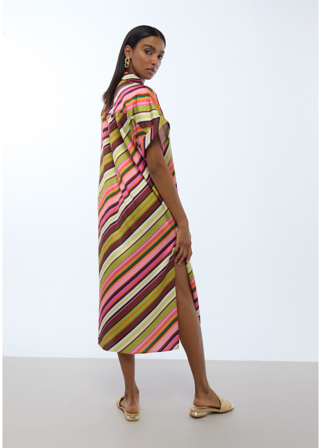 Satin Shirt Dress with Multi-Stripes