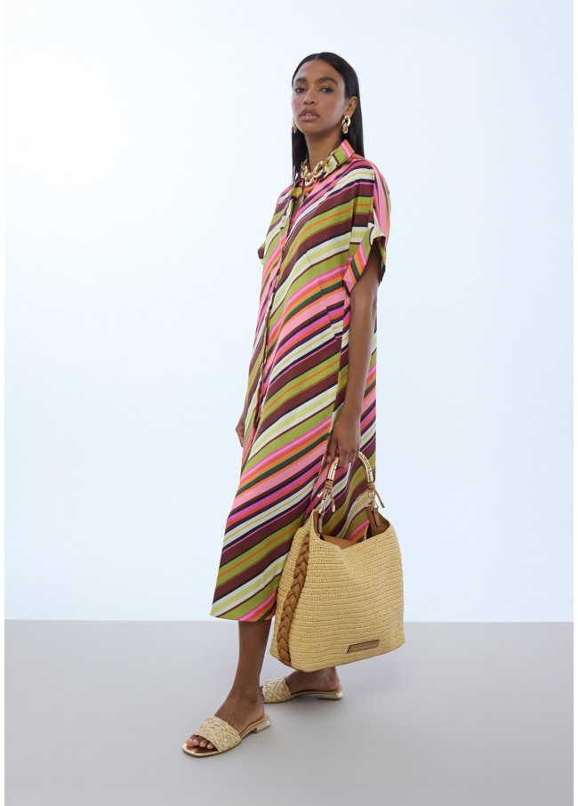 Robe Chemisier Satinée à Rayures Multicolores