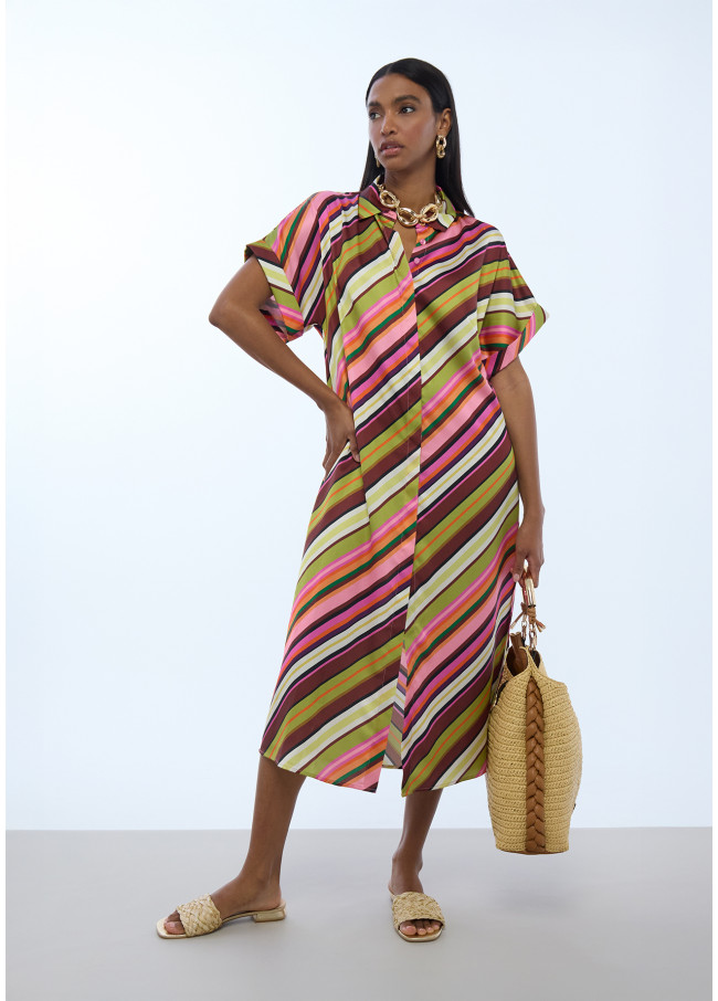 Satin Shirt Dress with Multi-Stripes