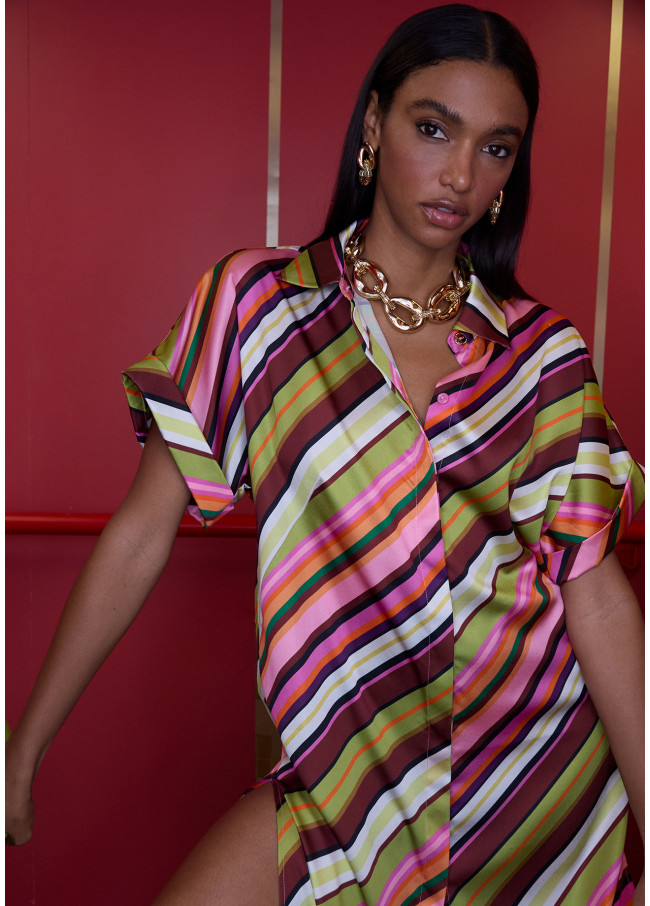 Satin Shirt Dress with Multi-Stripes